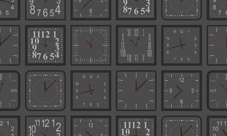Seamless pattern with black Square wall clock. flat style. isolated on black backgroundのイラスト素材