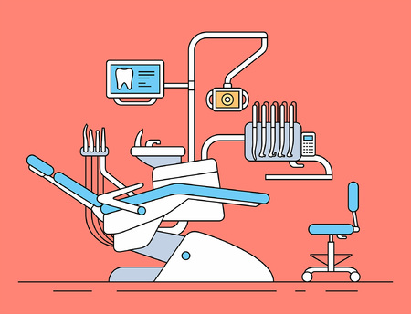 Dentist chair. thin line style. isolated on red backgroundのイラスト素材