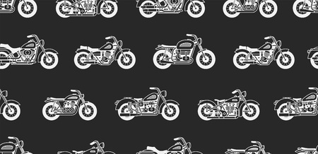 Seamless pattern with vintage motorcycles white silhouettes. isolated on black backgroundのイラスト素材