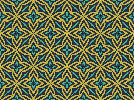 Abstract geometric pattern with gold-green florals. Colorful ornament. isolated on black backgroundのイラスト素材