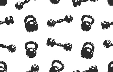 Seamless pattern with Dumbbells and kettlebells. Monochrome style. isolated on white backgroundのイラスト素材