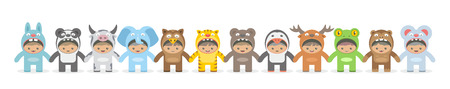 Kids holding hand in Animals costumes, flat style. isolated on white backgroundのイラスト素材