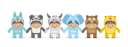 Kids holding hand in Animals costumes, flat style. isolated on white backgroundのイラスト素材