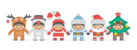 Kids holding hand in Christmas costumes, flat style. isolated on white backgroundのイラスト素材
