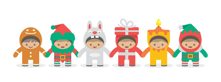 Kids holding hand in Christmas costumes, flat style. isolated on white backgroundのイラスト素材
