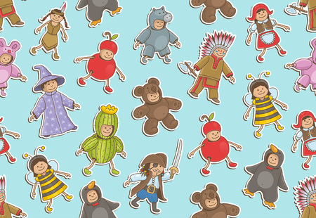 Seamless pattern with kids in Christmas costumes, outline style. isolated on blue backgroundのイラスト素材