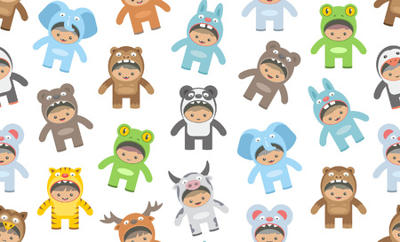 Seamless pattern with kids in Animals costumes, flat style. isolated on white backgroundのイラスト素材