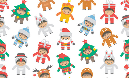 Seamless pattern with kids in Christmas costumes, flat style. isolated on white backgroundのイラスト素材