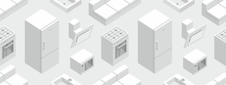 Seamless pattern with Isometric Kitchen Furniture, flat style. isolated on gray backgroundのイラスト素材