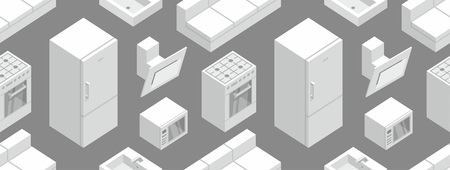 Seamless pattern with Isometric Kitchen Furniture, flat style. isolated on black backgroundのイラスト素材