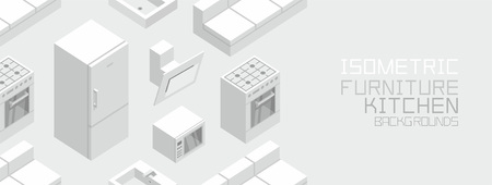 Isometric Kitchen Furniture, flat style. isolated on gray backgroundのイラスト素材