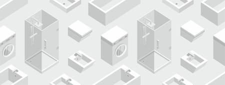 Seamless pattern with Isometric Bathroom Furniture, flat style. isolated on gray backgroundのイラスト素材