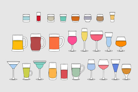 Set of Alcoholic drinks glasses. line style. isolated on gray backgroundのイラスト素材