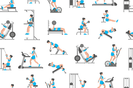 Seamless pattern with women doing exercises, flat style. isolated on white backgroundのイラスト素材