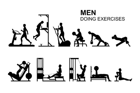 Men doing exercises, Monochrome style. isolated on white backgroundのイラスト素材