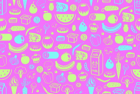 Seamless pattern with different food. isolated on purple background