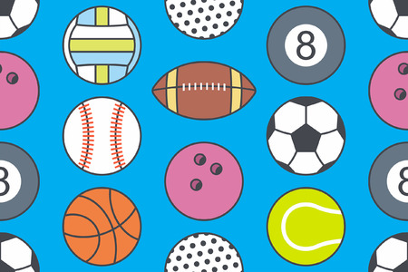Seamless pattern with collection of Sports Balls. line style. isolated on blue backgroundのイラスト素材