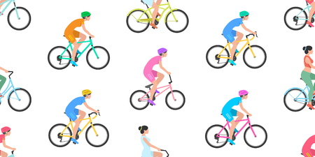 Seamless pattern with women riding bicycle isolated on white backgroundのイラスト素材