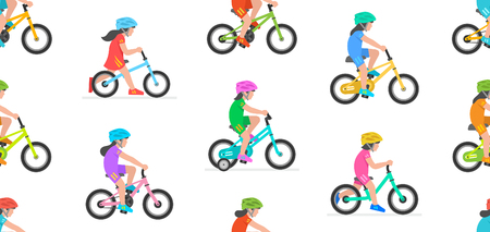 Seamless pattern with girls riding bike isolated on white backgroundのイラスト素材
