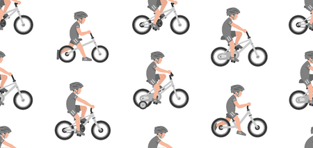 Seamless pattern with boys riding bike isolated on white backgroundのイラスト素材