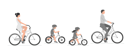 Happy family riding bicycle together. Group of people riding bikes. Isolated on white backgroundのイラスト素材