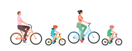Happy family riding bicycle together. Group of people riding bikes. Isolated on white backgroundのイラスト素材
