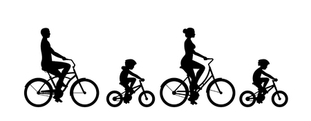 Happy family riding bicycle together. Group of people riding bikes. Isolated on white backgroundのイラスト素材