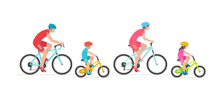 Happy family riding bicycle together. Group of people riding bikes. Isolated on white backgroundのイラスト素材