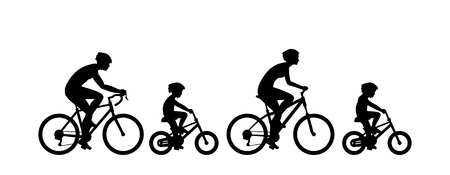 Happy family riding bicycle together. Group of people riding bikes. Isolated on white backgroundのイラスト素材