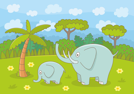 Mother elephant and baby elephant. Funny cartoon and vector illustrationのイラスト素材