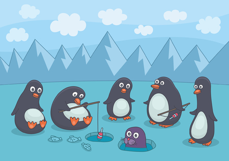 Penguins fishing. Funny cartoon and vector illustrationのイラスト素材