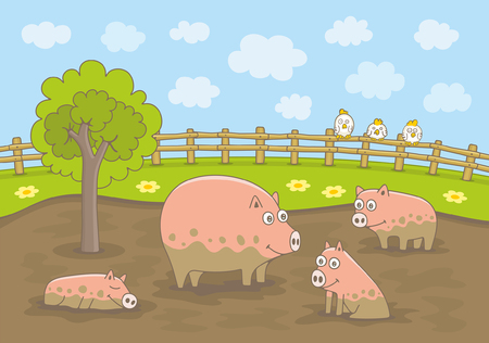 Pigs Playing in Dirty Puddle. Funny cartoon and vector illustrationのイラスト素材
