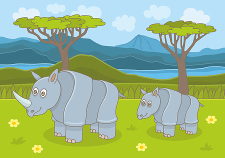 Rhinoceros family. Mother and baby. Funny cartoon and vector illustrationのイラスト素材