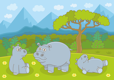 Mother and baby hippo. Funny cartoon and vector illustrationのイラスト素材