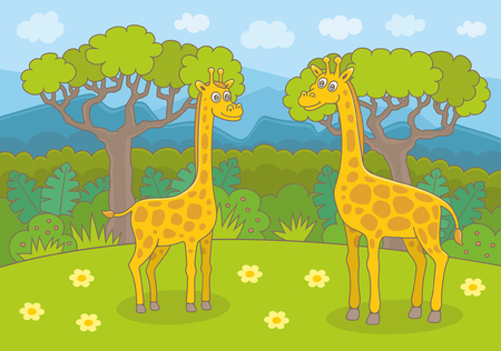 Friendly Giraffes with Trees Nature. Funny cartoon and vector illustrationのイラスト素材