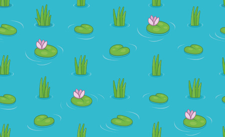 Seamless pattern with water lilies and green leaves. isolated on blue backgroundのイラスト素材