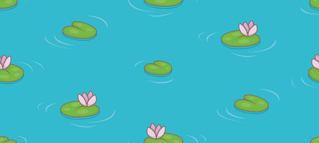 Seamless pattern with water lilies and green leaves. isolated on blue backgroundのイラスト素材