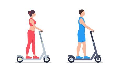 Man and Woman riding electric scooters. isolated on white backgroundのイラスト素材