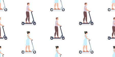 Seamless pattern with Man and Woman riding electric scooters. isolated on white backgroundのイラスト素材