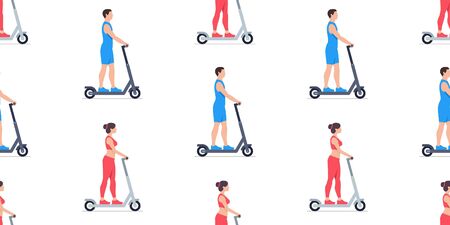 Seamless pattern with Man and Woman riding electric scooters. isolated on white backgroundのイラスト素材