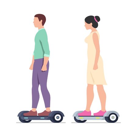 Man and Woman riding Electric hoverboards. isolated on white backgroundのイラスト素材