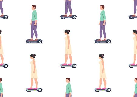 Seamless pattern with Man and Woman riding Electric hoverboards. isolated on white backgroundのイラスト素材