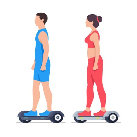 Man and Woman riding Electric hoverboards. isolated on white backgroundのイラスト素材