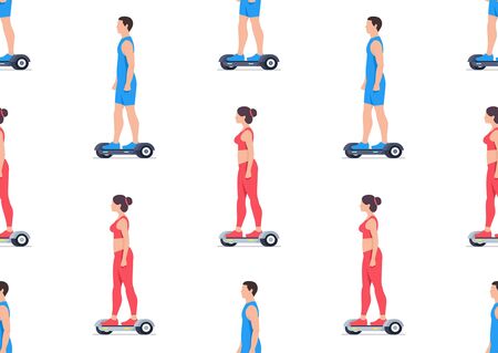 Seamless pattern with Man and Woman riding Electric hoverboards. isolated on white backgroundのイラスト素材