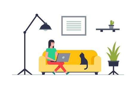 Happy woman sitting on sofa with laptop. Working on a computer. isolated on white backgroundのイラスト素材