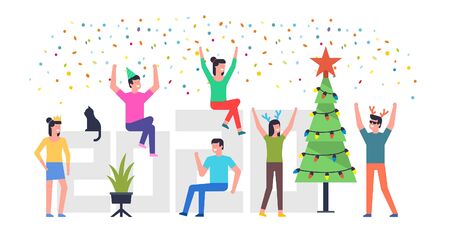 Merry Christmas and happy new year 2020. Cheerful people celebrating a Christmas and New Year. isolated on white backgroundのイラスト素材