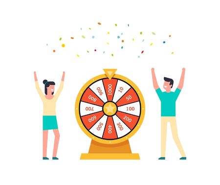 Happy man and woman with Wheel Of Fortune lottery luck. isolated on white backgroundのイラスト素材