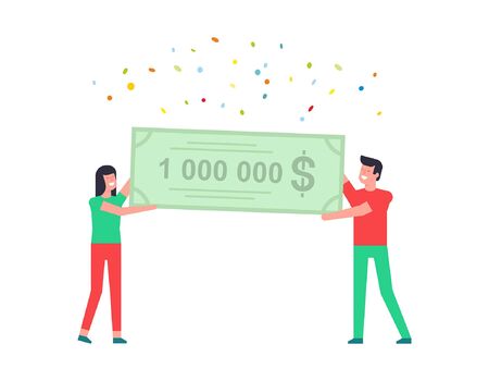 Happy man and woman holding a bank check for a million dollars. isolated on white backgroundのイラスト素材