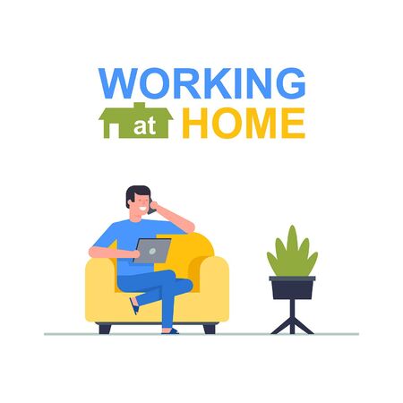 Freelancer Man working on his tablet. Working at home. Flat Styleのイラスト素材