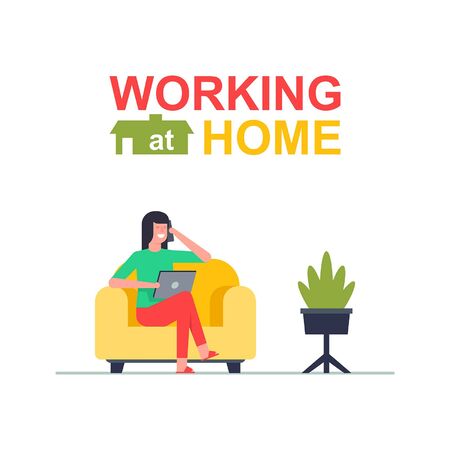 Freelancer Woman working on his tablet. Working at home. Flat Styleのイラスト素材